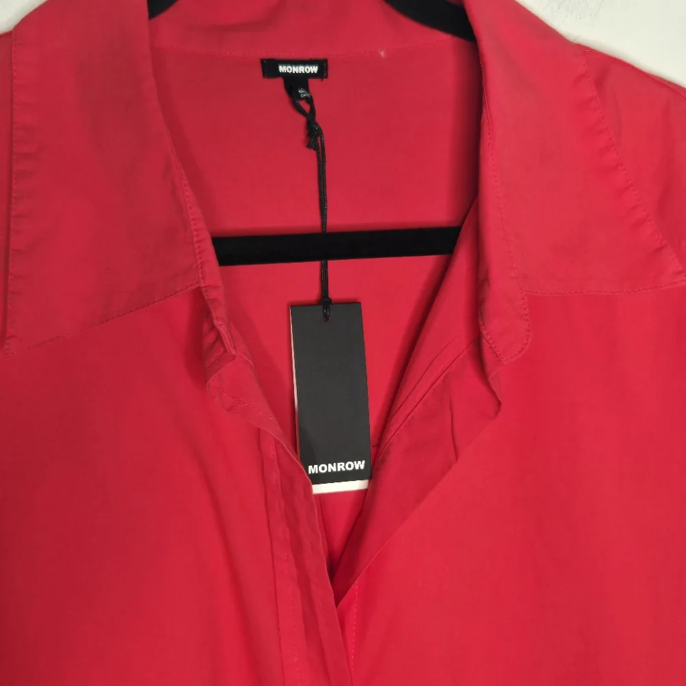 MONROW Fire Coral Oversized Poplin Button Down Shirt NWT Relaxed Coastal Top - Picture 6 of 11